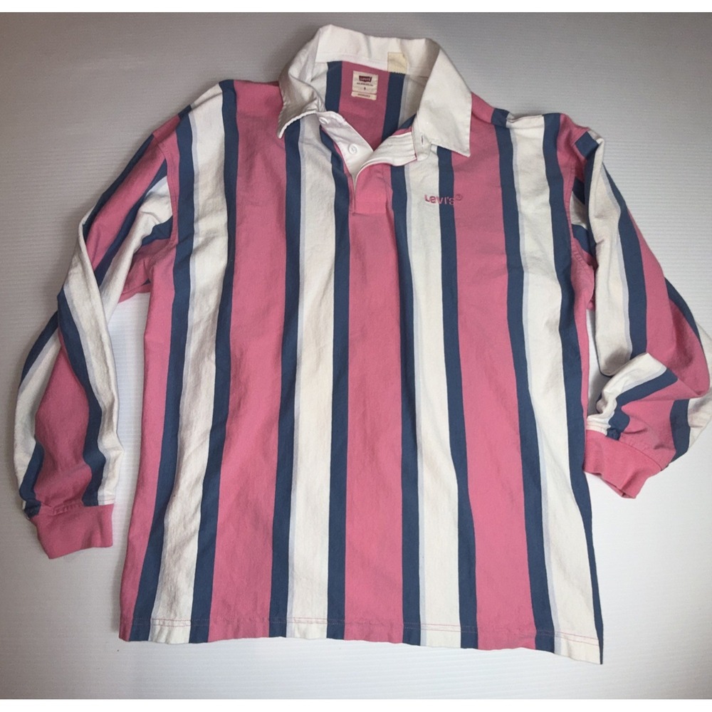 LEVIS Mens Oversize S Heavy Rugby Polo Shirt-Vertical Pink/Blue/White Stripe
